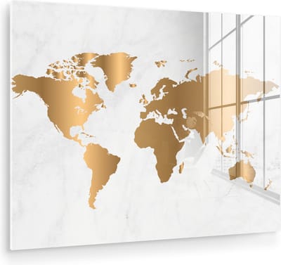 MuchoWow® Glasschilderij 160x120 cm - Schilderij acrylglas - Wereldkaart - Goud - Marmerlook - Luxe - Design - Foto op glas - Muurdecoratie woonkamer - Wanddecoratie slaapkamer - Schilderijen
