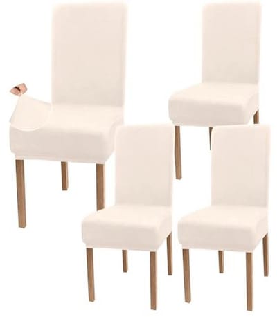 Fluwelen Stretch Eetkamerstoelhoezen - Luxe Armloze Stoelhoezen voor Eetkamer - Wasbaar en Ideaal voor Kinderen en Huisdieren (Set van 4, Beige)