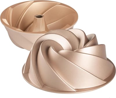 Famanu - Tulbandvorm, Tulband Bakvorm, Bakvorm, Taartvorm, Gelijkmatige bereiding, Dubbele anti-aanbaklaag, Zeer duurzaam gegoten aluminium, Roségoud, 24 cm diameter, 1.8 liter inhoud, Spiraal