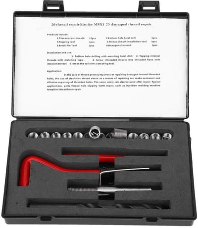 Solidchoice- Draadherstellingsset M9x1,25mm - Roestvrij Staal - 20 Stuks - Inclusief Spiraalboor/Inbussleutel - Schroefdraadinzetstukken - Voor Auto Reparatie - Schroefdraadinzet