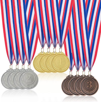Gouden, Zilveren en Bronzen Medailles voor Kinderen - Set van 12 Olympische Stijl Medailles met Linten voor Sportdagen en Feestartikelen