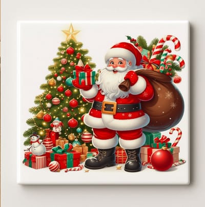 Kerstman Kersttegel – Feestelijke Kerst Wanddecoratie met Cadeaus & Kerstboom – Keramische Tegel 15 × 15 cm