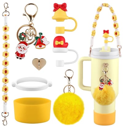 longziming -Mok Accessoires Set - Krasbestendige Siliconen Bescherming - 7-delig - Siliconen Beschermhoes & Riem - Rietjes Dopjes - Pompon & Sleutelhanger - Past op Rietje Ø8mm - geel