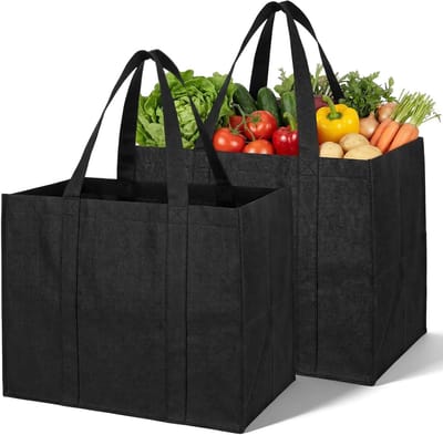 Set van 2 Herbruikbare Zwarte Winkeltassen, Vouwbare Tote Bags met Handvatten, Wasbare en Versterkte Grote Tassen voor Dagelijks Gebruik