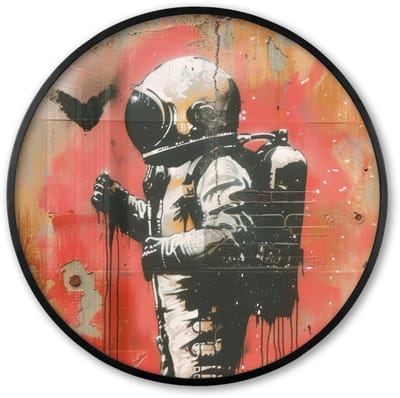 Poster in lijst Rond - Fotolijst 60x60 cm - Posters - Graffiti - Astronaut - Street art - Ruimte - Ronde posterlijst zwart - Decoratie - Wanddecoratie woonkamer - Muurdecoratie slaapkamer