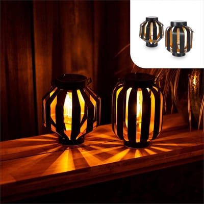 Solar Tuinverlichting Set van 2 Zwart-Goud Led-Verlichting Buiten Tafellamp Metaal tuinverlichting op zonneenergie