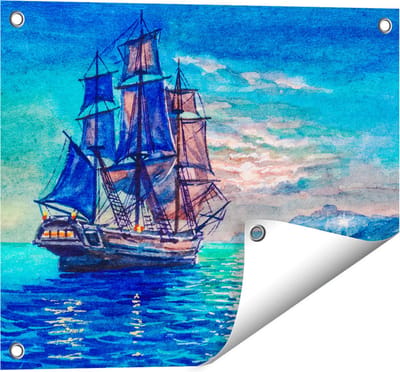 Gards Tuinposter Oude Piratenschip Zeilboot Getekend - 50x40 cm - Tuindoek - Tuindecoratie - Wanddecoratie buiten - Tuinschilderij