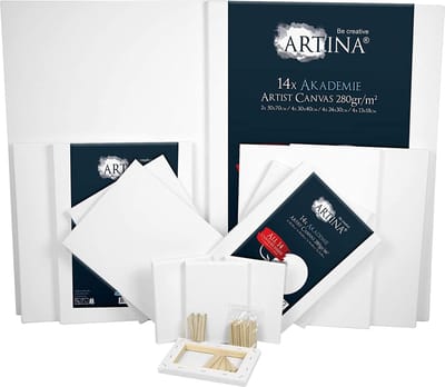 Artina FSC® schilderdoeken canvas - Set van 14 doeken in academy quality - 50x70, 30x40, 24x30, 13x18 cm canvas, 100% katoen, 280g/m2