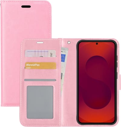 Hoesje - Met Pasjeshouder - Geschikt voor Samsung Galaxy S25 - Luxe Bookcase Portemonee - Flip Case - Kunstleer Book Case - Flipcase - Book Cover - Walletcase - Portemonneehoes - Lichtroze