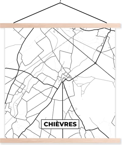 Posterhanger incl. Poster 40x40 cm - Schoolplaat - Zwart Wit – België – Plattegrond – Stadskaart – Kaart – Chièvres - Textielposter - Blanke latten - Stadskaart