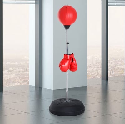 MEUNIQ Boksbal met voet en handschoenen, verstelbare hoogte 126-144 cm, staande bokstrainer voor boksen en vechtsport, rood