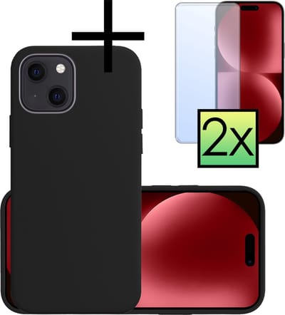 Hoesje - Met 2x Screenprotector - Geschikt voor Apple iPhone 15 - Sterk & Shockproof - Back Cover - Siliconen Case - Telefoon Hoes - Zwart