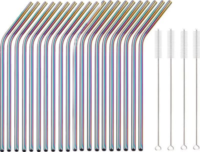 RVS rietjes - Herbruikbare rietjes - 20stuks - Regenboog - RVS - Gebogen rietjes - Duurzame rietjes - Incl 4 schoonmaakborstels