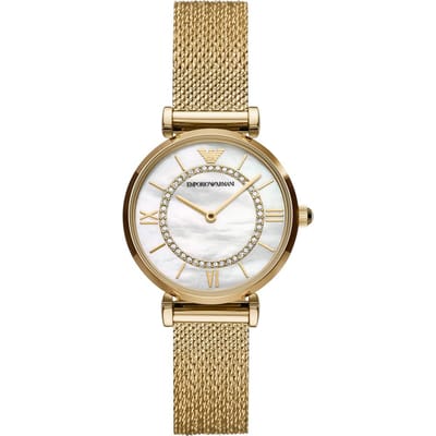 Emporio Armani Gianni T-Bar Parelmoer Goud Roestvrij staal Dames Quartz Horloge AR11321 parelmoer kleur