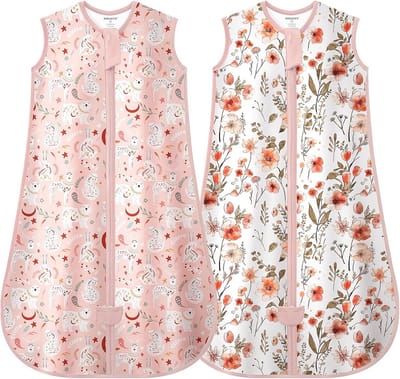 Babyslaapzak 2-pack - Zomerslaapzak Mouwloos - Comfortabele Nachtrust - 100% Biologisch Katoen - 0-6 maanden - Dieren en Roze Bloemen