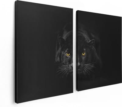 Artaza Canvas Schilderij Tweeluik Zwarte Panter Met Oranje Ogen - 120x80 cm - Wanddecoratie Woonkamer - Schilderijen - Muurdecoratie