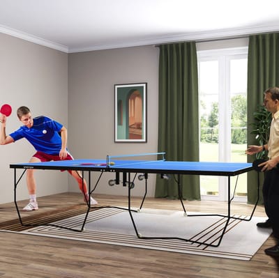 MEUNIQ tafeltennistafel 274 x 152,5 x 76 cm klapbaar met net, 8 wielen, 2 batjes en 3 ballen, blauw voor indoor spel en flexibel gebruik in huis