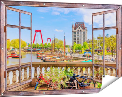 Gards Tuinposter Doorkijk Kleurrijke Oude Haven in Rotterdam - 120x80 cm - Tuindoek - Tuindecoratie - Wanddecoratie buiten - Tuinschilderij