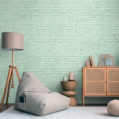 Fotobehang Profhome 398281-GU vliesbehang hardvinyl warmdruk in reliëf glad in baksteen look mat turkoois groen blauw 1,59 m x 2,8 m