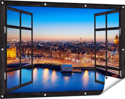 Gards Tuinposter Doorkijk Amsterdam Centrum in de Nacht - 120x80 cm - Tuindoek - Tuindecoratie - Wanddecoratie buiten - Tuinschilderij