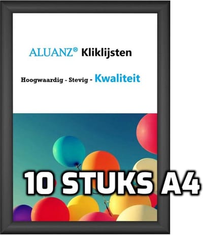 ALUANZ 10 stuks A4 Kliklijst Zwart - Aluminium - Wissellijst - Posterlijst - Fotolijst - Inclusief Beschermfolie