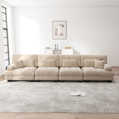 Pugsdrly Modulaire hoekbank met 4 zitplaatsen en diepe zitting, comfortabel gestoffeerde slaapbank van chenille voor woonkamer, appartement, studio, kantoor, lichtbruine chenille