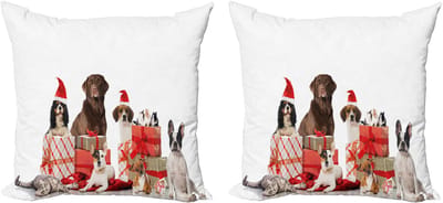 ABAKUHAUS Kerstkussenhoez set van 2, Pets Wonder Boxes, 50x50 cm, bruin, wit, rood