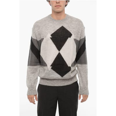 Argyle-motief trui met ronde hals in grijs, wit en zwart