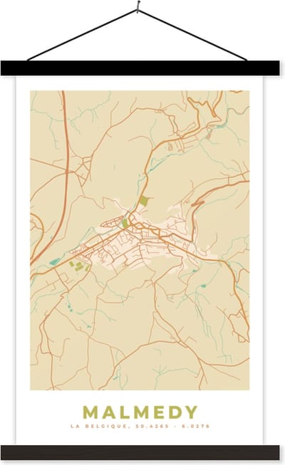 Posterhanger incl. Poster 40x60 cm - Schoolplaat - Plattegrond - Kaart - België - Malmedy - Stadskaart - Textielposter - Zwarte latten - Stadskaart