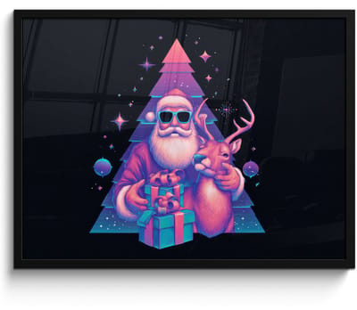 Poster in lijst - Fotolijst 80x60 cm - Posters - Retro - Kerstman - Rendieren - Kerstboom - Posterlijst zwart - Decoratie - Wanddecoratie woonkamer - Muurdecoratie slaapkamer - Kerstversiering - Kerstdecoratie voor binnen - Kerstmis