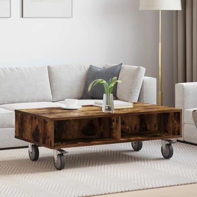 vidaXL - Bijzettafel - met - wielen - Rook - Eiken - 90 - x - 50 - x - 30 - cm - Bewerkt - hout