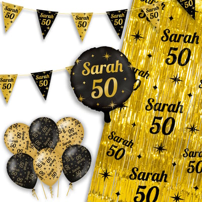 LUQ – Party Essentials Sarah – Zwart-Goud Verjaardag Feest Versiering – Luxe Ballonnen-Slingers-Vlaggenlijn-Gordijn