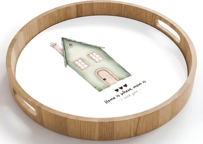 Dienblad rond 40x40 cm - Schootdienblad hout - Huisje - Groen - Tekst - Liefdevol - Borrelplank rechthoek - Plateau houten dienbladen