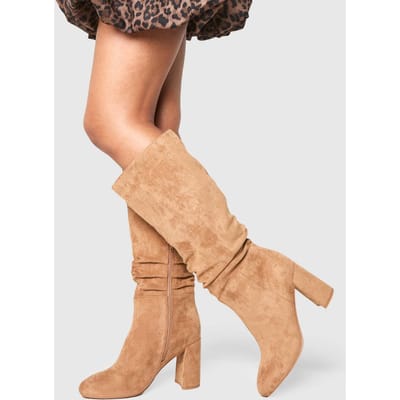 boohoo Dames Geruched kniehoge laarzen met hoge, blokhakken | Taupe | Maat: 7