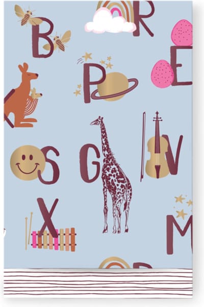 Cadeauzakjes voor kinderen - Geschenkzakje van papier -Letters van het alfabet met bijbehorende afbeeldingen - Lichtblauw met bruin en roze inpakzakje - 10 zakjes van 12x19 cm