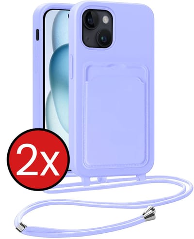 Hoesje Geschikt voor iPhone 15 Plus Hoesje Met Telefoonkoord en Pasjeshouder Siliconen - Hoes Geschikt voor iPhone 15 Plus Hoesje Met Kaarthouder Case - Lila - 2 PACK