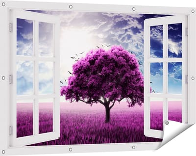 Gards Tuinposter Doorkijk Paarse Boom in het Paars Veld met Vogels - 120x80 cm - Tuindoek - Tuindecoratie - Wanddecoratie buiten - Tuinschilderij