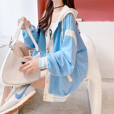 Bedrukking Dames Lange Mouw Rits Hoodie Jas Losse Streetwear Pullover Sweatshirt Jassen M blauw