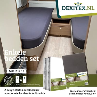Dexitex 1 x Molton + 1 x Hoeslakenset Antraciet enkele bedden 2 delig geschikt voor Caravan Fendt-Hobby-Knaus-LMC-Tabbert-Weinsberg-Dethleffs-Bürnster