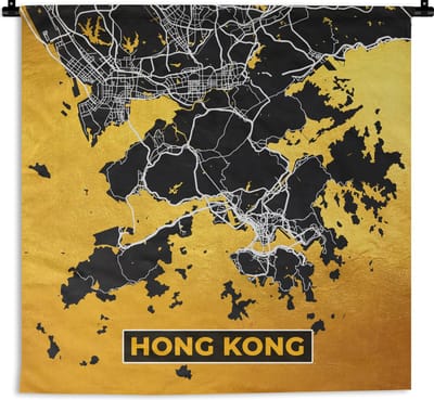 Wandkleed - Wanddoek - Hong Kong - Goud - Stadskaart - Plattegrond - Kaart - 180x180 cm - Wandtapijt