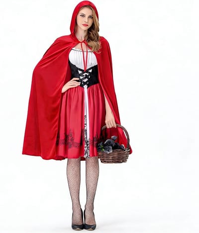 Roodkapje Kostuum voor Dames, Inclusief Cape, Jurk en Zwarte Kousen, Perfect voor Carnaval, Halloween en Cosplay Feestjes
