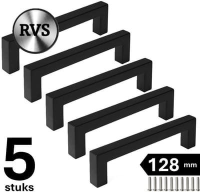 5 X MSQDESIGN Handgrepen RVS zwart - Boormaat 128mm - zwarte Handgreep voor Keuken & Kast - Moderne Meubelgreep - Keukengreep Mat zwart -Kastgrepen- zwarte Greepjes Keuken - zwarte RVS Handvatten - Deurgreepjes -incl schroeven