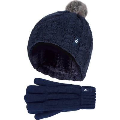 Heat Holders Meisjes Cable Bobble Muts En Handschoenen Set - Marine