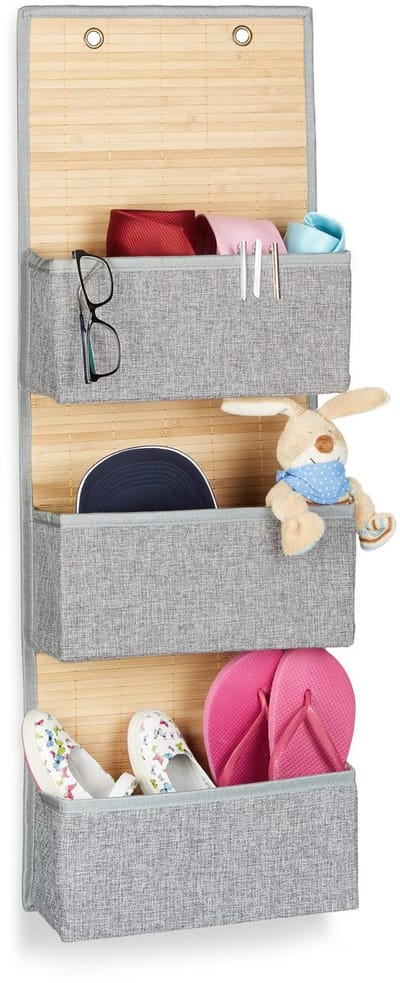 4x hangende wandorganizer, 3 vakken, voor badkamer of hal, bamboe, stof, HxBxD: 94 x 33 x 12 cm, deurgarderobe, grijs