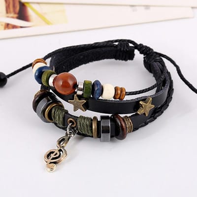 Handgemaakte Boho Gypsy Hippie Design Bruine Leren Ster G Sleutelnoot Metalen Bedels Houten Knoop Kralen Wikkel Unisex Verstelbare Armband zwart