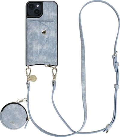 AVY Hoesje geschikt voor Apple iPhone 15 | Met Koord, Wallet en Pouch | Compatibel met MagSafe | Kunstleren Case met 130CM Koord | Long Denim | Denim