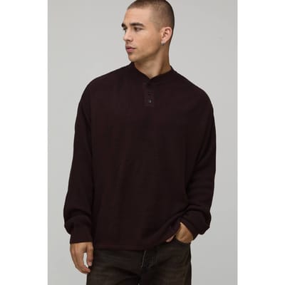 Essential Relaxed Fit Henley Waffle Knitted T-Shirt | Chocolate | Size XS