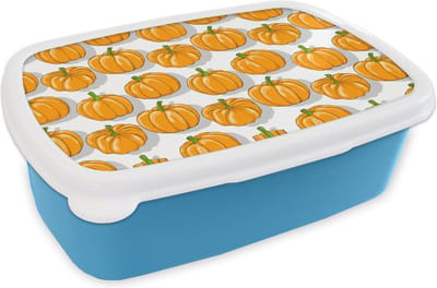 Broodtrommel Blauw - Lunchbox - Brooddoos - Herfst - Pompoen - Patronen - 18x12x6 cm - Kinderen - Jongen