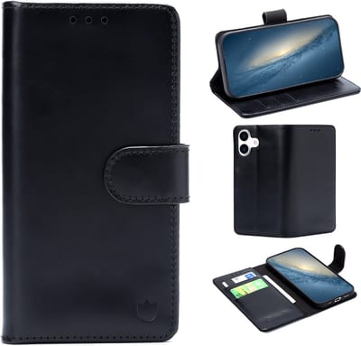 Casemania Echt Leren Hoesje Geschikt voor Apple iPhone 17 - Charcoal Gray - Leer Book Cover - Portemonnee Telefoonhoesje met Pasjeshouder