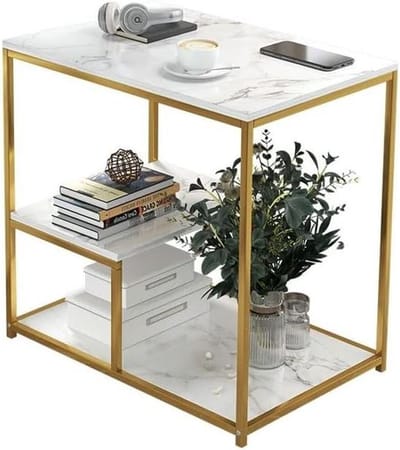 Kleine salontafel - Bijzettafel Eindtafel - Woonkamer Inrichting - Marmer Look Frame - 26.7 x 15.7 x 23.6 IN - Goud